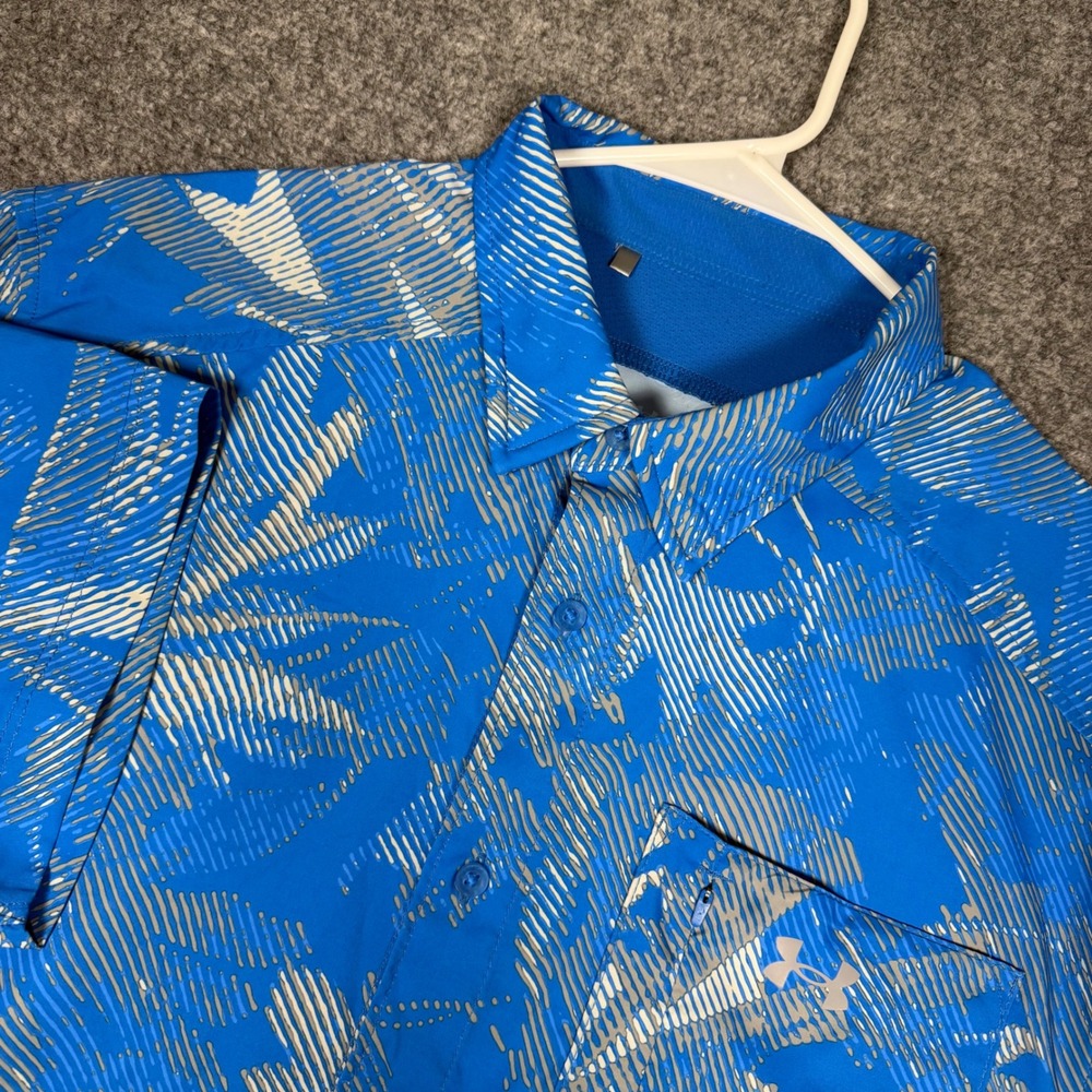Under Armour Hawaiian Shirt Button Down Shirt Mens XL Blue Floral Print Golf